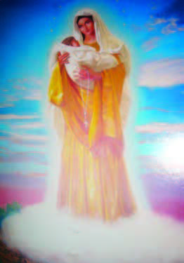 Painting of Mary holding Jesus in the clouds